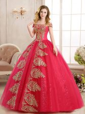 Custom Made Red Off The Shoulder Neckline Appliques and Sequins Quinceanera Dress Sleeveless Lace Up