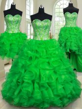  Four Piece Green Ball Gowns Beading and Ruffles Vestidos de Quinceanera Lace Up Organza Sleeveless Floor Length