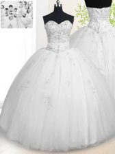 Custom Made White Tulle Lace Up Sweetheart Sleeveless Floor Length Quinceanera Gowns Beading and Appliques