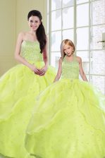  Sleeveless Floor Length Beading and Sequins Lace Up 15th Birthday Dress with Yellow Green