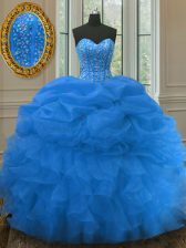 Vintage Blue Ball Gowns Organza Sweetheart Sleeveless Beading and Ruffles and Pick Ups Floor Length Lace Up 15th Birthday Dress