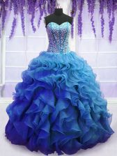 Charming Floor Length Lace Up Ball Gown Prom Dress Blue for Military Ball and Sweet 16 and Quinceanera with Beading and Ruffles