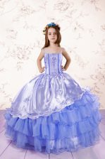 Most Popular Baby Blue Ball Gowns Spaghetti Straps Sleeveless Organza Floor Length Lace Up Embroidery and Ruffled Layers Kids Pageant Dress