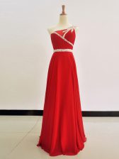 Glamorous One Shoulder Red Column/Sheath Beading Prom Dresses Zipper Chiffon Sleeveless Floor Length
