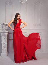 Eye-catching Red One Shoulder Neckline Hand Made Flower Dress for Prom Sleeveless Lace Up