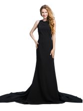Perfect Scoop Sleeveless Prom Dress With Brush Train Beading and Lace Black Chiffon