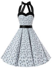  Chiffon Halter Top Sleeveless Zipper Sashes ribbons and Pattern Prom Gown in White And Black