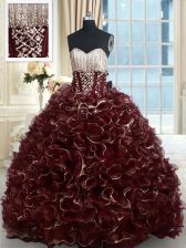 Cheap Brown Organza Lace Up Quinceanera Gowns Sleeveless With Brush Train Beading and Ruffles