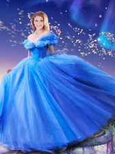  Cinderella Ball Gowns Quinceanera Gowns Royal Blue Off The Shoulder Tulle Sleeveless Floor Length Lace Up
