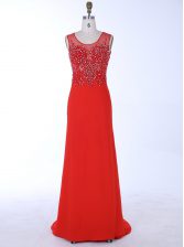 Adorable Mermaid Scoop Sleeveless Evening Dress With Brush Train Beading and Appliques Red Chiffon