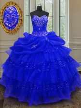  Royal Blue Ball Gowns Sweetheart Sleeveless Organza Floor Length Lace Up Beading and Ruffled Layers and Pick Ups Sweet 16 Quinceanera Dress