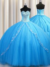 Delicate Sweetheart Sleeveless Brush Train Lace Up Quince Ball Gowns Baby Blue Tulle