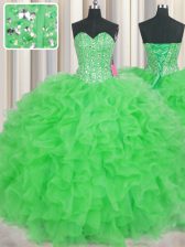 Best Visible Boning Floor Length Lace Up Sweet 16 Dresses Green for Military Ball and Sweet 16 and Quinceanera with Beading and Ruffles