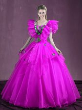Fantastic Fuchsia Sweetheart Neckline Appliques and Ruffles Sweet 16 Dresses Sleeveless Lace Up