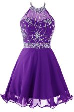  Purple A-line Organza Halter Top Sleeveless Beading Mini Length Zipper Dress for Prom