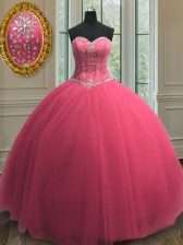 Glorious Hot Pink Tulle Lace Up Quince Ball Gowns Sleeveless Floor Length Beading and Sequins