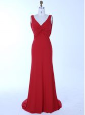 Deluxe Red Mermaid V-neck Sleeveless Chiffon Brush Train Zipper Beading Prom Party Dress