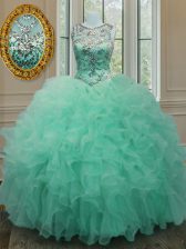  Scoop Sleeveless Lace Up Quinceanera Gowns Apple Green Organza