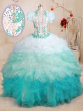  Sweetheart Sleeveless Organza Ball Gown Prom Dress Beading and Appliques and Ruffles Brush Train Lace Up