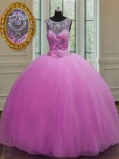Fitting Scoop Sleeveless 15 Quinceanera Dress Floor Length Beading Lilac Tulle