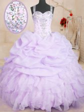 Designer Pick Ups Ball Gowns 15 Quinceanera Dress Lavender Straps Organza Sleeveless Floor Length Lace Up