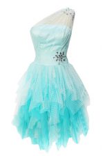  One Shoulder Aqua Blue A-line Beading Prom Evening Gown Side Zipper Tulle Sleeveless Knee Length