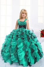 Perfect Sleeveless Lace Up Floor Length Beading and Ruffles Kids Pageant Dress