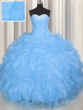 Nice Baby Blue Ball Gowns Organza Sweetheart Sleeveless Beading and Ruffles Floor Length Lace Up Quinceanera Dresses