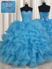 Discount Baby Blue Ball Gowns Sweetheart Sleeveless Organza Floor Length Lace Up Beading and Ruffles Quinceanera Gown
