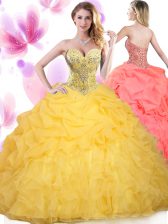  Floor Length Lace Up Quinceanera Dress Gold for Military Ball and Sweet 16 and Quinceanera with Beading and Ruffled Layers