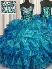 Smart Organza Sweetheart Sleeveless Lace Up Beading and Ruffles Sweet 16 Dress in Teal