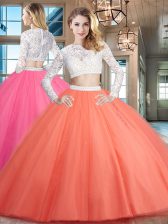  Scoop Long Sleeves Floor Length Zipper Quinceanera Dress Watermelon Red for Military Ball and Sweet 16 and Quinceanera with Beading and Lace