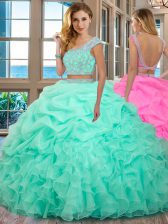 Trendy Scoop Cap Sleeves Organza Quinceanera Gown Beading and Ruffles Backless