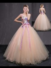 Dramatic V-neck Sleeveless Quinceanera Gown Floor Length Appliques and Belt Peach Tulle