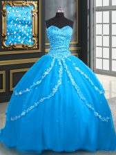 Eye-catching Aqua Blue Tulle Lace Up Vestidos de Quinceanera Sleeveless With Brush Train Beading and Appliques