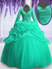 Ideal Organza Long Sleeves Floor Length 15th Birthday Dress and Sequins and Pick Ups