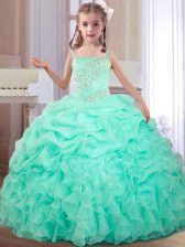 Trendy Straps Beading and Ruffles and Pick Ups Kids Formal Wear Apple Green Lace Up Sleeveless Floor Length