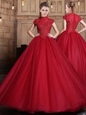  Wine Red Sweet 16 Quinceanera Dress Military Ball and Sweet 16 and Quinceanera with Appliques High-neck Short Sleeves Zipper