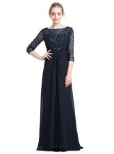 High End Black Chiffon Zipper Prom Gown 3 4 Length Sleeve Floor Length Beading
