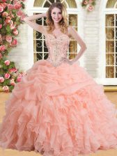  Peach Sweetheart Neckline Beading and Appliques and Ruffles and Pick Ups Quinceanera Dresses Sleeveless Lace Up