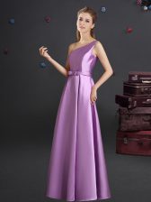  One Shoulder Sleeveless Elastic Woven Satin Floor Length Zipper Court Dresses for Sweet 16 in Lilac with Bowknot