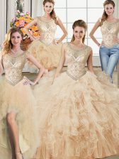 Simple Four Piece Champagne Ball Gown Prom Dress Military Ball and Sweet 16 and Quinceanera with Beading and Ruffles Scoop Sleeveless Lace Up