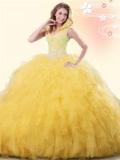  Floor Length Yellow Quince Ball Gowns High-neck Sleeveless Backless