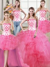 Sophisticated Four Piece Floor Length Hot Pink 15th Birthday Dress Tulle Sleeveless Beading and Appliques and Ruffles