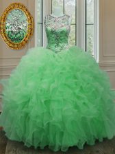 Pretty Scoop Floor Length Lace Up Quinceanera Gowns Green for Military Ball and Sweet 16 and Quinceanera with Beading and Ruffles
