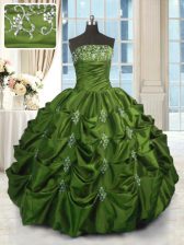  Pick Ups Green Sleeveless Taffeta Lace Up Sweet 16 Quinceanera Dress for Military Ball and Sweet 16 and Quinceanera