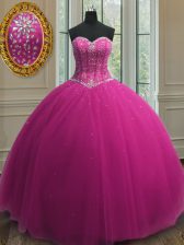  Fuchsia Sleeveless Floor Length Beading and Sequins Lace Up Quince Ball Gowns