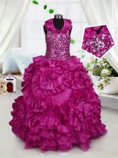  Halter Top Fuchsia Sleeveless Floor Length Beading and Ruffles Zipper Child Pageant Dress