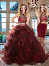 Glorious Burgundy Halter Top Backless Beading and Ruffles Quince Ball Gowns Brush Train Sleeveless