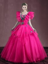 Vintage Hot Pink Ball Gowns Appliques and Ruffles Quinceanera Dress Lace Up Organza Sleeveless Floor Length